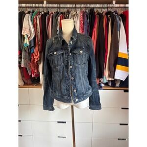 Pilcro Denim Jacket Womens L Blue Distressed Stretch Trucker Anthropologie